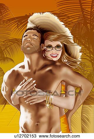 Drawing - Woman hugging native man in the tropics. Fotosearch