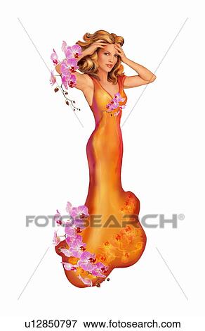 Stock Illustration - Woman in long orange gown adorned with flowers. Fotosearch