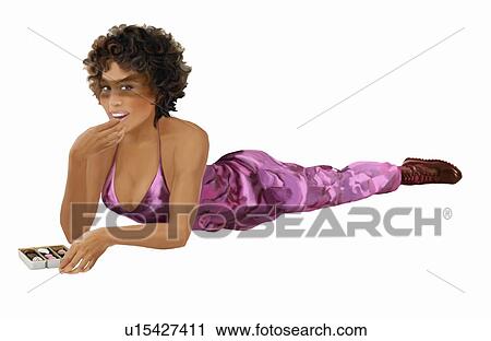 Clip Art - Woman lying on floor eating chocolates. Fotosearch