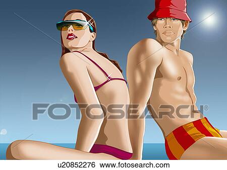 Stock Illustration - Young couple in swim suits in the sun. Fotosearch