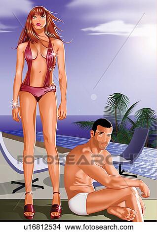 Young couple on beach in swim suits View Large Illustration Stock Illustration - Young couple on beach in swim suits. Fotosearch