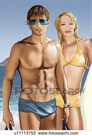 Young couple posing on beach View Large Illustration Drawing - Young couple posing on beach. Fotosearch