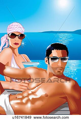 Stock Illustration - Young couple sitting by poolside on an island. Fotosearch