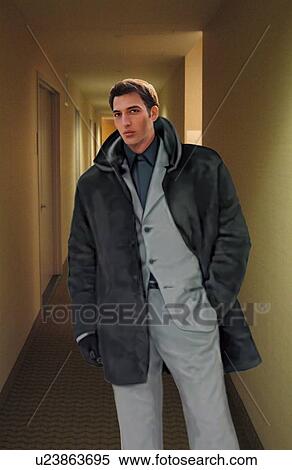 Stock Illustration - Young man in a hallway wearing suit and jacket . Fotosearch