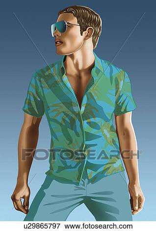 Young man posing in Hawaiian shirt View Large Illustration Stock Illustration - Young man posing in Hawaiian shirt. Fotosearch