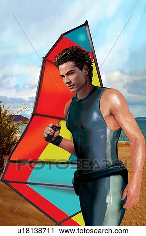 Clip Art - Young man posing on the beach with his windsurf sail. Fotosearch