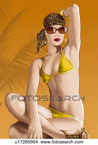 Young woman posing cross-legged in a tropical setting View Large Illustration Stock Illustration - Young woman posing cross-legged in a tropical setting. Fotosearch
