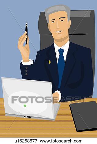 Stock Illustration - Businessman at desk with laptop. Fotosearch