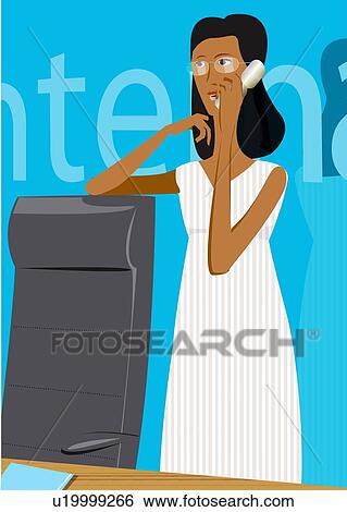 Businesswoman standing at desk on the phone View Large Illustration Stock Illustration - Businesswoman standing at desk on the phone . Fotosearch