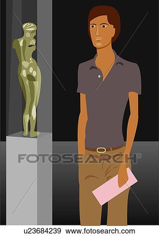 Stock Illustration - Man standing next to an art sculpture with an invitation in hand. Fotosearch