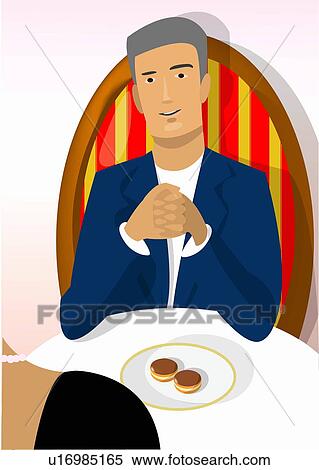 Man with dessert plate out at dinner View Large Illustration Stock Illustration - Man with dessert plate out at dinner. Fotosearch