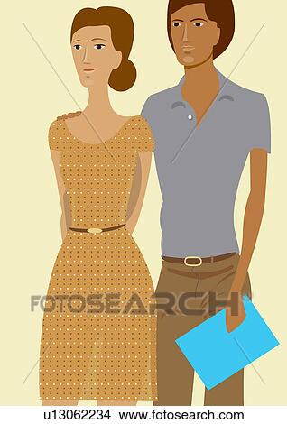 Stock Illustration - Ordinary looking couple with a paper in hand. Fotosearch