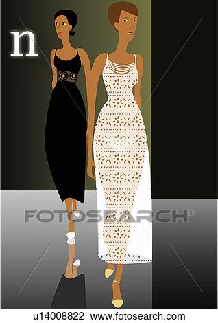 Drawing - Two models walking down the runway. Fotosearch