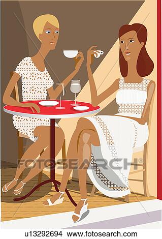 Stock Illustration - Two women sitting at a cafe table. Fotosearch