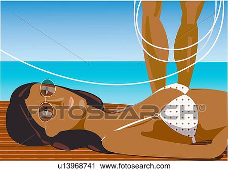 Clip Art - Woman on the deck of a boat with man's legs in view. Fotosearch