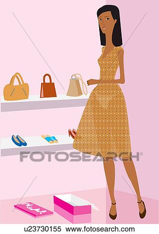 Stock Illustration - Woman trying on shoes in a shoe and bag store. Fotosearch