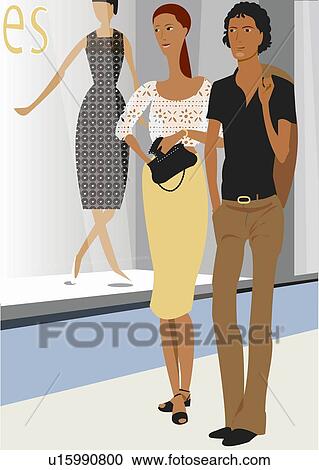 Young couple walking by store window View Large Illustration Clipart - Young couple walking by store window. Fotosearch