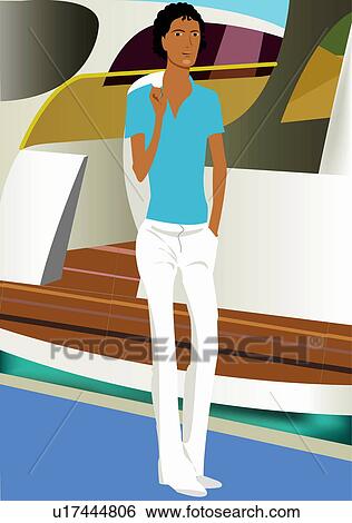 Young dark-skinned male strolling on the deck of a boat View Large Illustration Stock Illustration - Young dark-skinned male strolling on the deck of a boat. Fotosearch