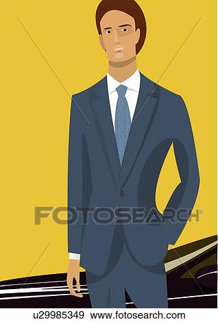 Stock Illustration - Young man dressed up in a suit standing by a black car. Fotosearch