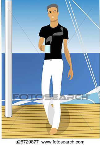 Stock Illustration - Young man with coffee cup on deck of a sailboat. Fotosearch