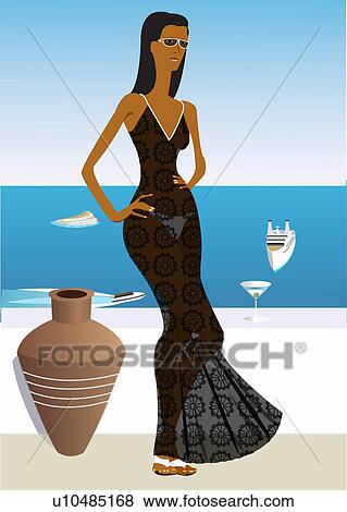 Young woman posing next to the sea view View Large Illustration Stock Illustration - Young woman posing next to the sea view. Fotosearch
