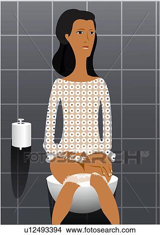 Stock Illustration - Young woman sitting on toilet. Fotosearch
