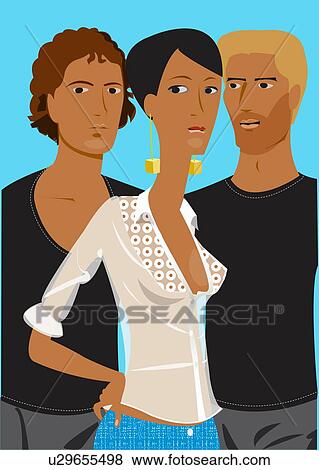 Stock Illustration - Young woman with two handsome men in the background. Fotosearch