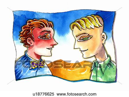 Stock Illustration - Close-up of two men with food for eyes. Fotosearch