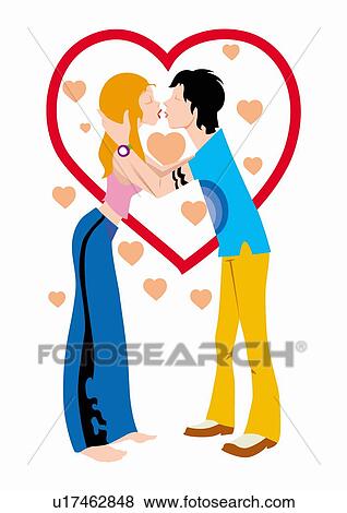 Stock Illustration - Couple kissing with hearts surrounding them. Fotosearch