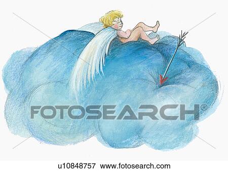 Stock Illustration - Cupid resting on a cloud. Fotosearch
