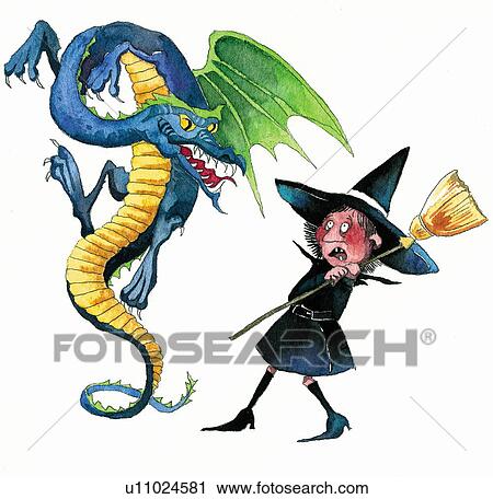 Dragon scaring witch View Large Illustration Clip Art - Dragon scaring witch. Fotosearch