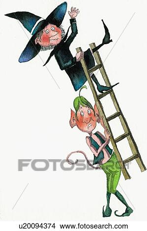 Stock Illustration - Elf carrying off a ladder with a witch on it. Fotosearch