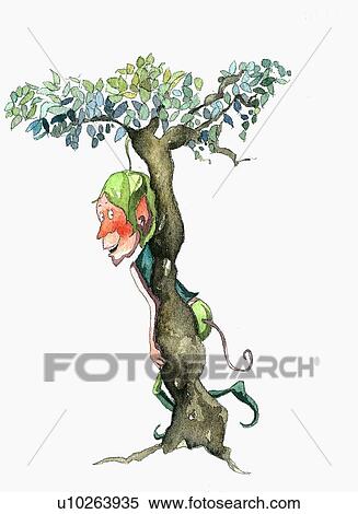 Stock Illustration - Elf hiding behind a tree. Fotosearch