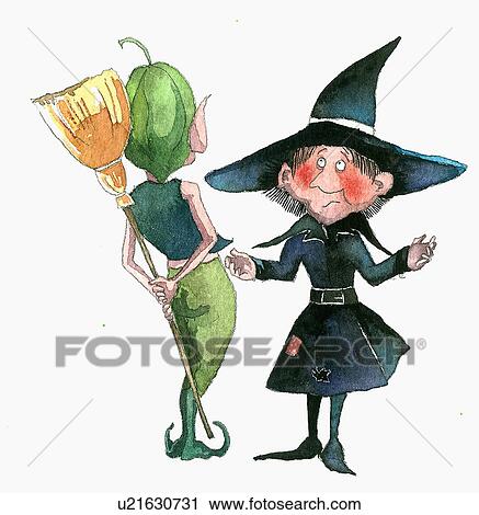 Clip Art - Elf hiding witch's broom as a joke. Fotosearch