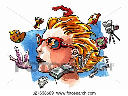 Female head with ideas and images floating around View Large Illustration Stock Illustration - Female head with ideas and images floating around. Fotosearch
