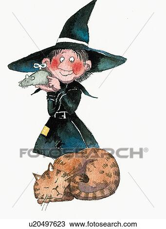 Drawing - Friendly witch ready to surprise her cat with toy mouse. Fotosearch