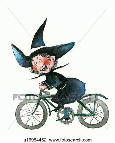 Drawing - Happy witch on bike. Fotosearch