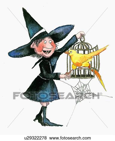 Happy witch with her pet bird View Large Illustration Stock Illustration - Happy witch with her pet bird. Fotosearch