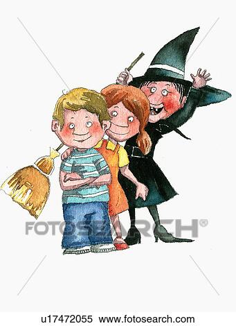 Stock Illustration - Happy witch with two children. Fotosearch
