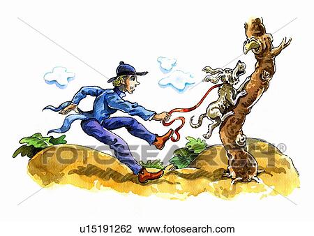 Drawing - Hunter being pulled by dog up a tree. Fotosearch