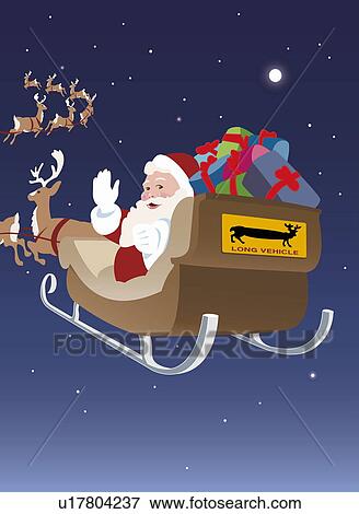 Stock Illustration - Santa Claus going into the night with his sleigh to distribute presents. Fotosearch