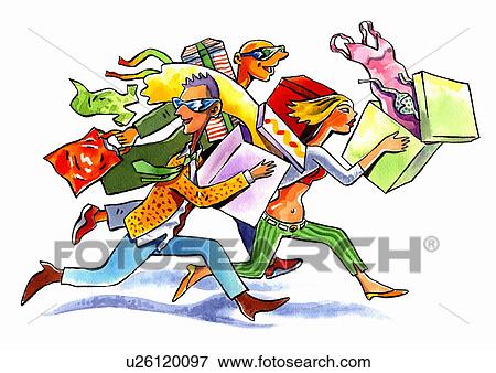 Shoppers running with their many purchases View Large Illustration Stock Illustration - Shoppers running with their many purchases. Fotosearch
