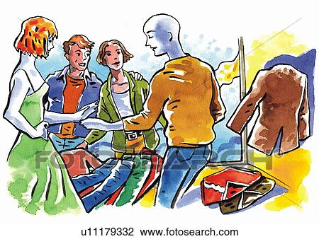 Three shoppers and a salesperson in a clothing store View Large Illustration Drawing - Three shoppers and a salesperson in a clothing store. Fotosearch