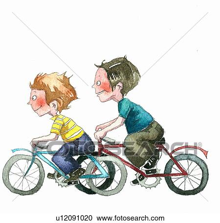 Clipart - Two boys speeding on bicycles. Fotosearch