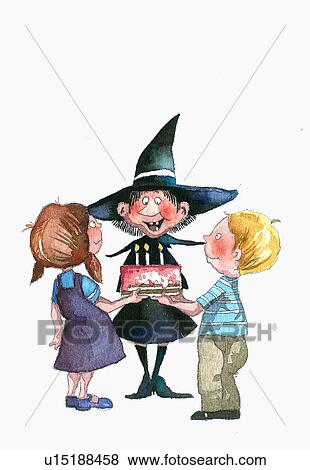 Stock Illustration - Two children presenting a birthday cake to a witch. Fotosearch