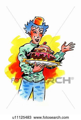 Drawing - Waiter presenting a birthday cake. Fotosearch
