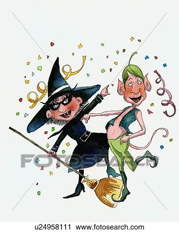 Witch and elf celebrating View Large Illustration Clip Art - Witch and elf celebrating. Fotosearch