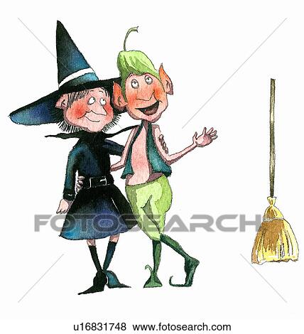 Stock Illustration - Witch and elf with arms around each other. Fotosearch