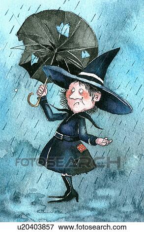 Witch caught in rain with broken umbrella View Large Illustration Stock Illustration - Witch caught in rain with broken umbrella. Fotosearch