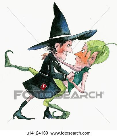 Witch dancing with an elf View Large Illustration Stock Illustration - Witch dancing with an elf. Fotosearch
